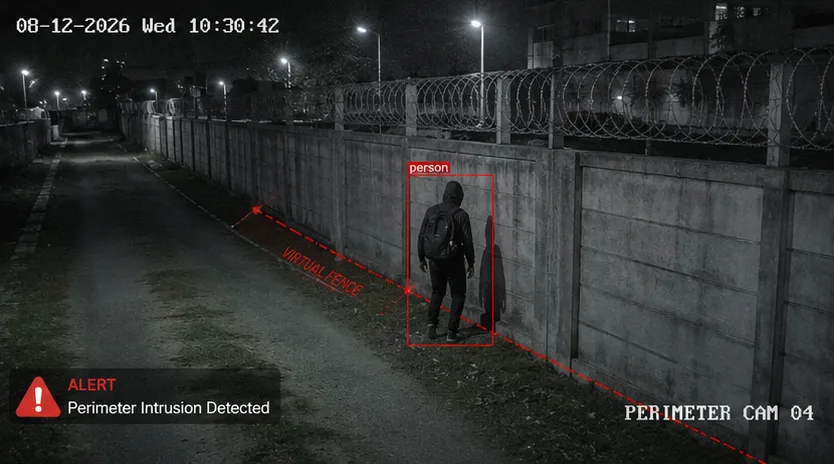 AI CCTV camera view of a restricted perimeter with intrusion detection