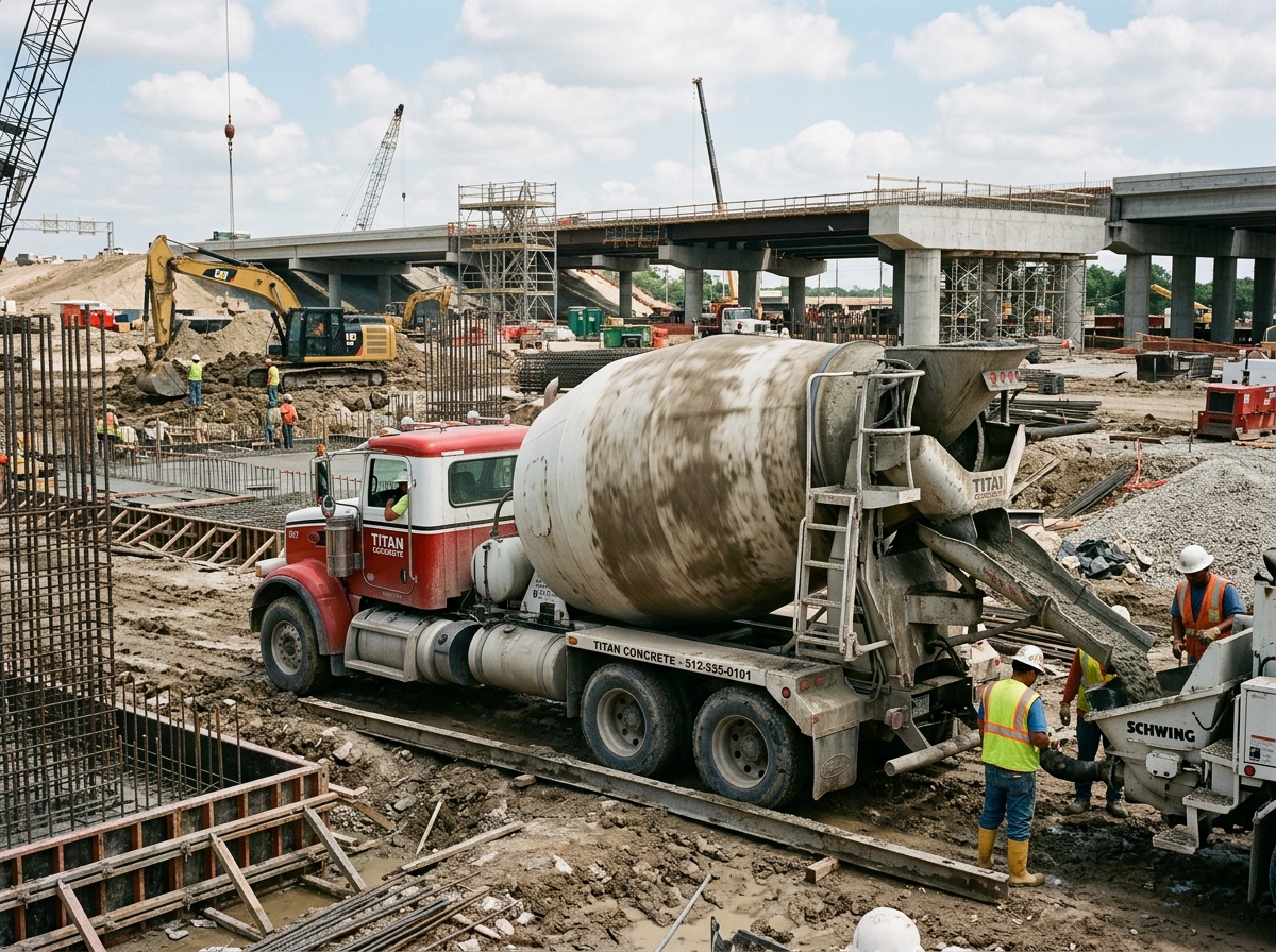 Transit concrete mixer truck on site