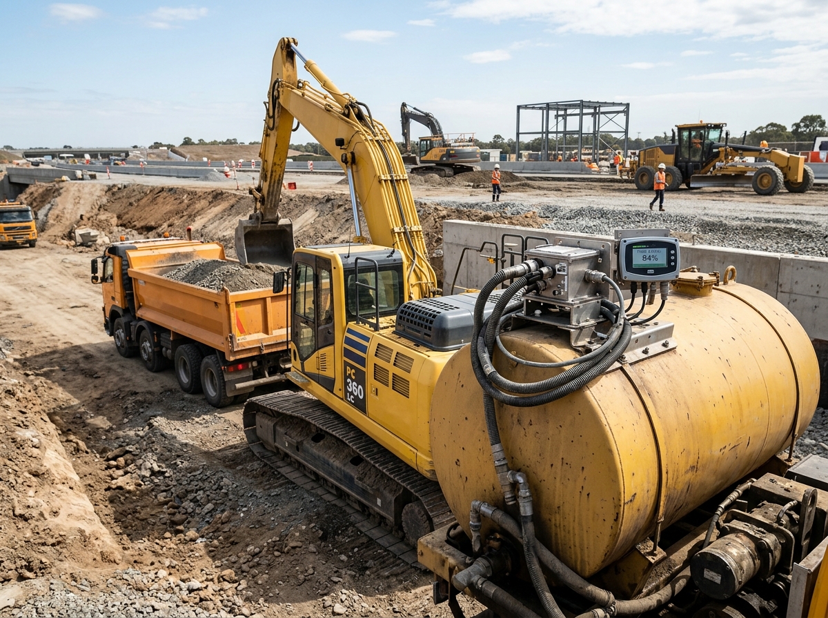 Heavy excavator being refueled on construction site with digital fuel sensor