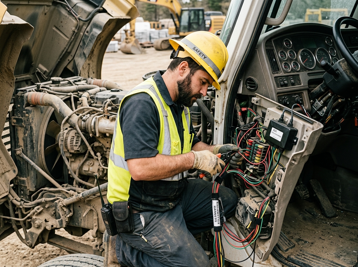 IDSL certified field technician installing telematics wiring on heavy equipment